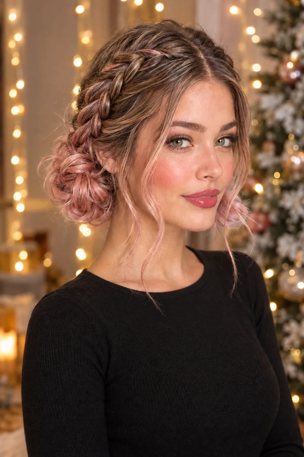 Side Braided Bun with Rose Gold Tips