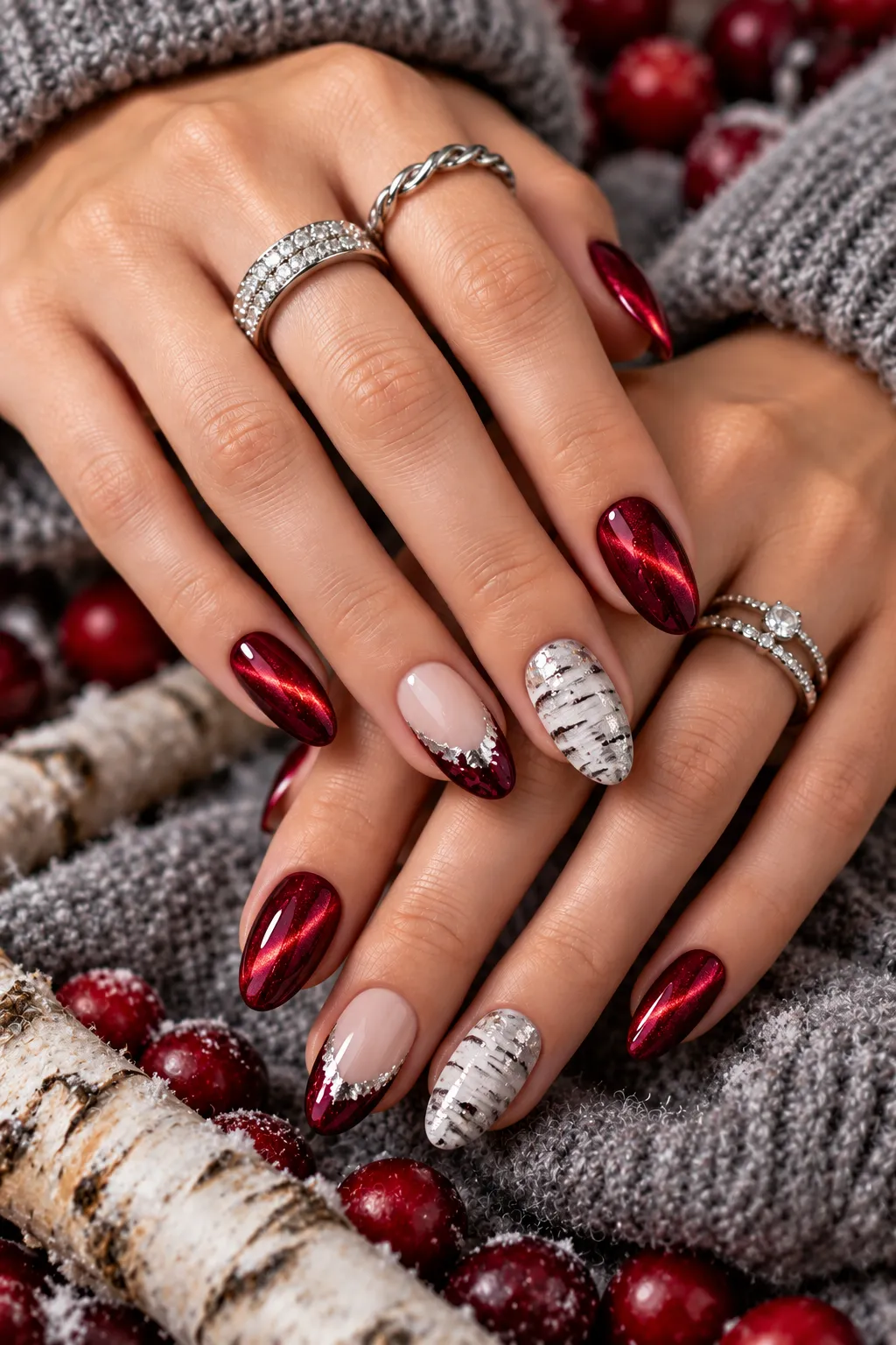 Festive Burgundy Cat Eye Manicure
