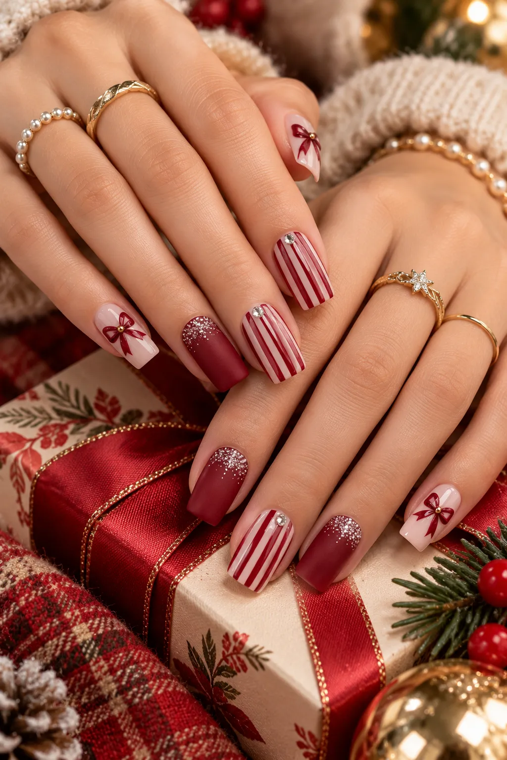 Burgundy Bow and Candy Stripe Nails