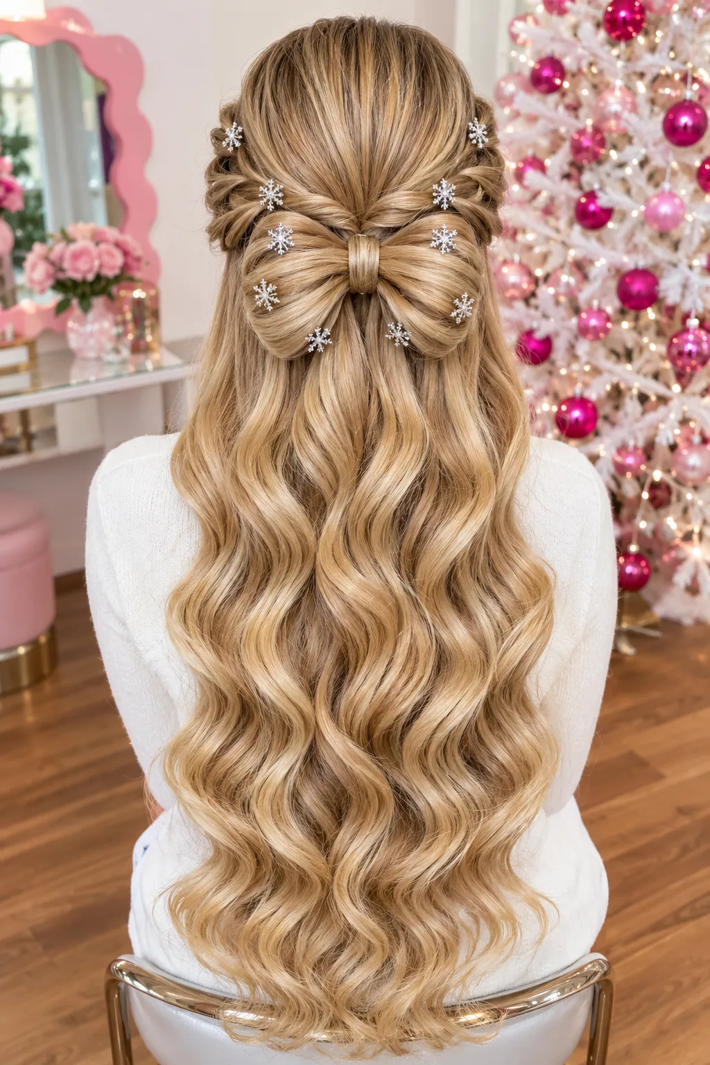 Half Up Hair Bow with Snowflake Pins and Golden Waves