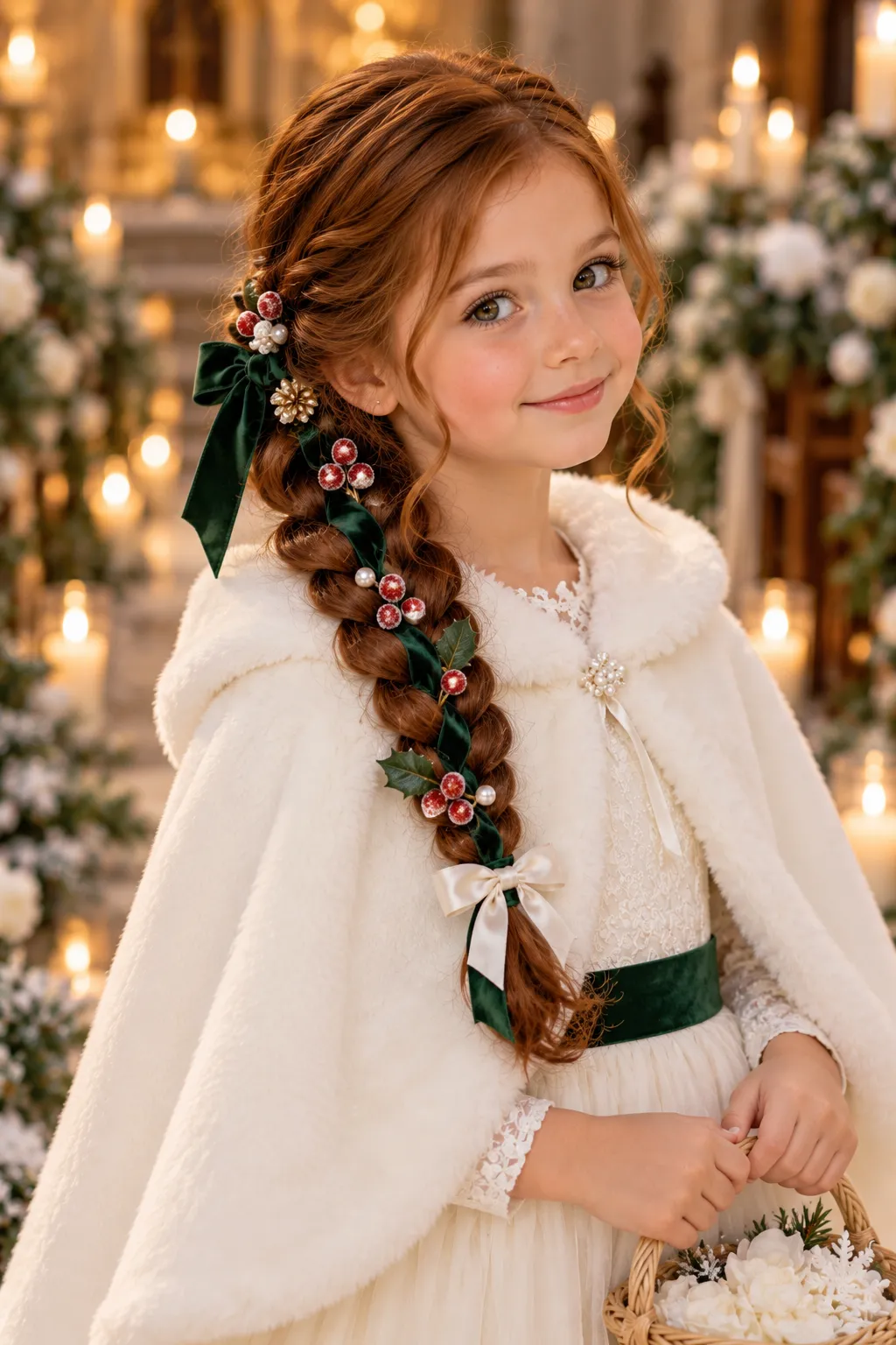 Side Braid with Holly Berries and Velvet Ribbon