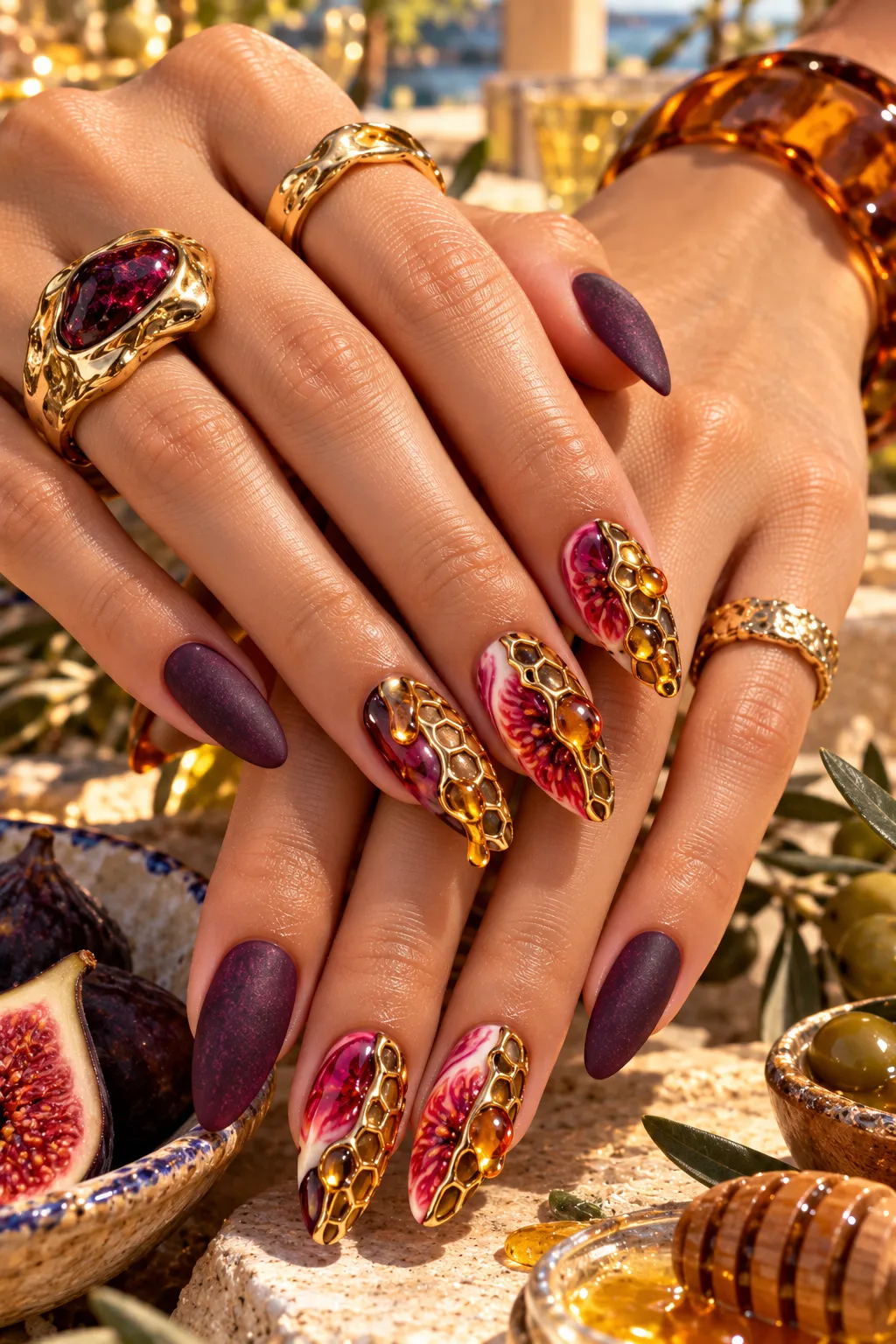 Fig and Honey Nail Art in Golden Light