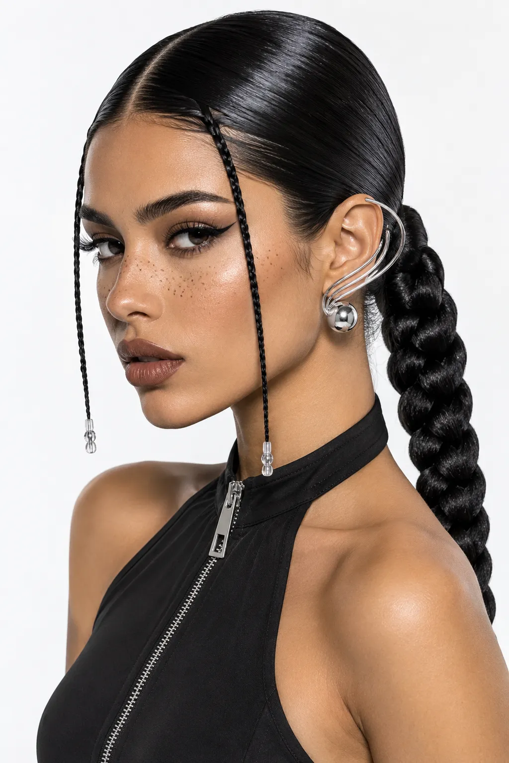 Sleek Low Braid with Face Framing Micro Braids and Silver Ear Cuff