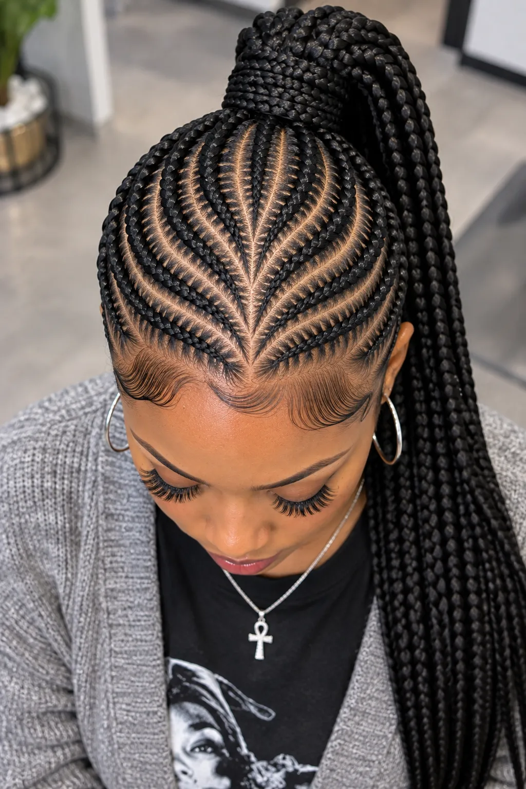Heart Shaped Cornrows with High Braided Ponytail Heart Shaped Cornrows with High Braided Ponytail