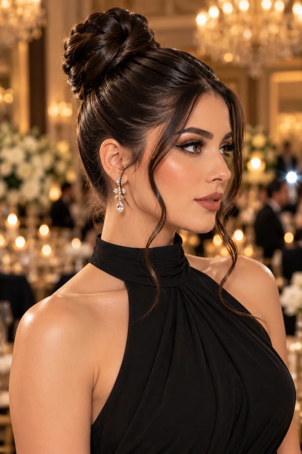 High Braided Bun with Loose Face Framing Strands