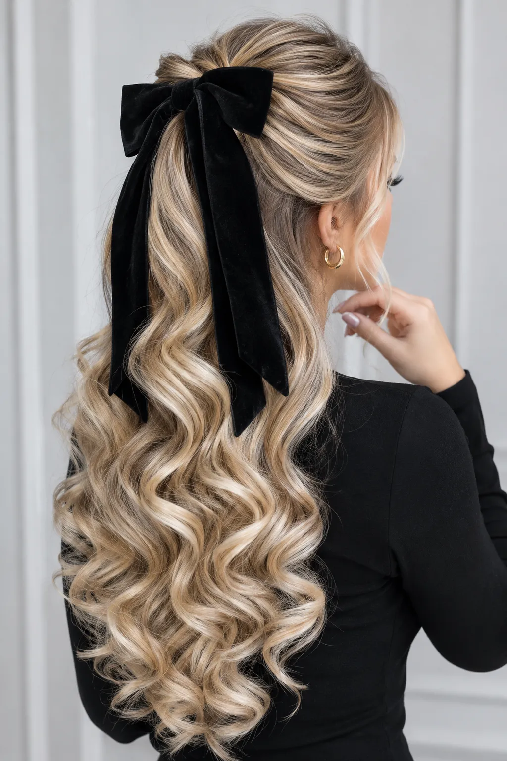 High Half Up Curls with Black Velvet Bow