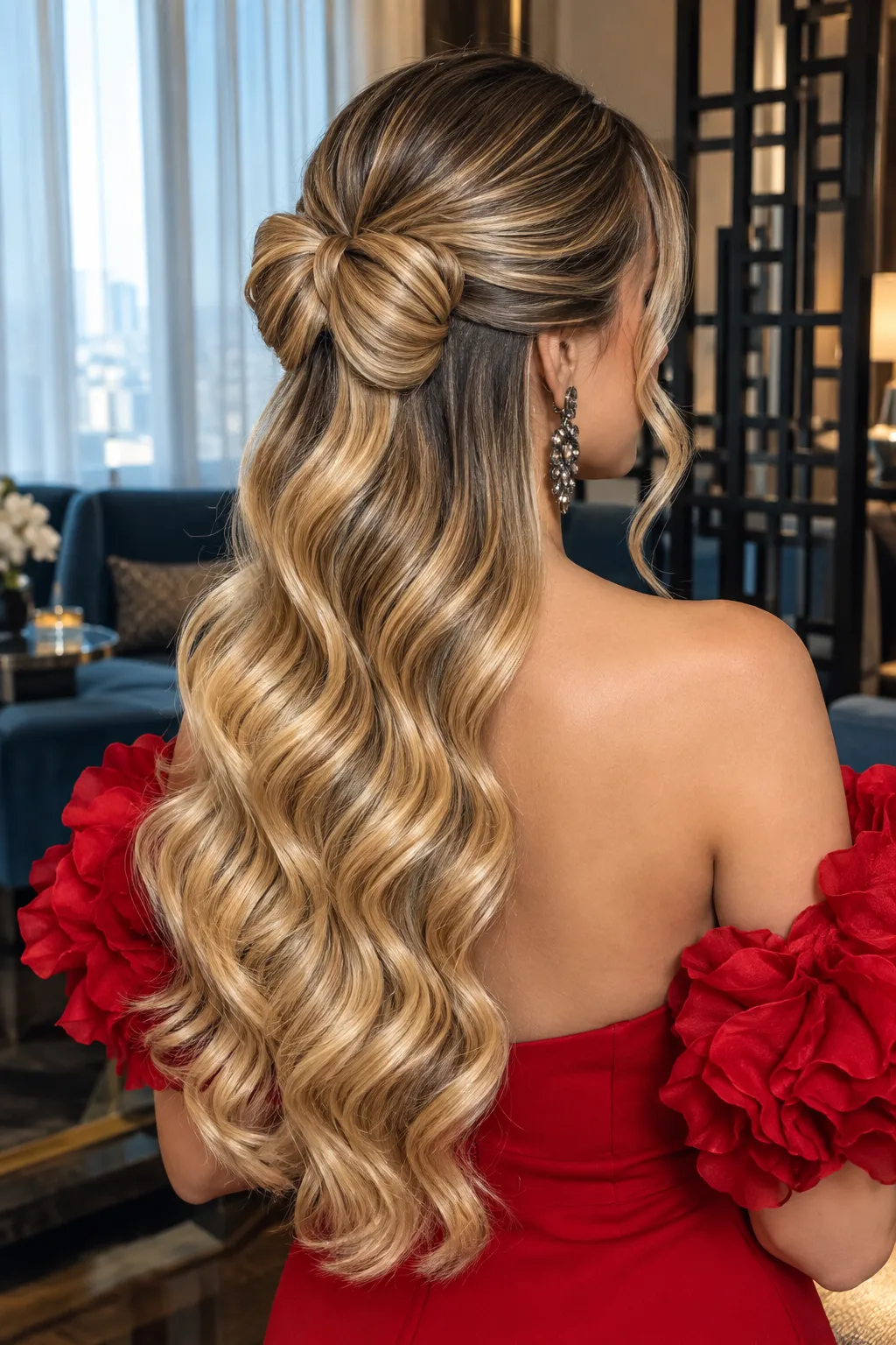 Half Up Knot with Cascading Golden Waves