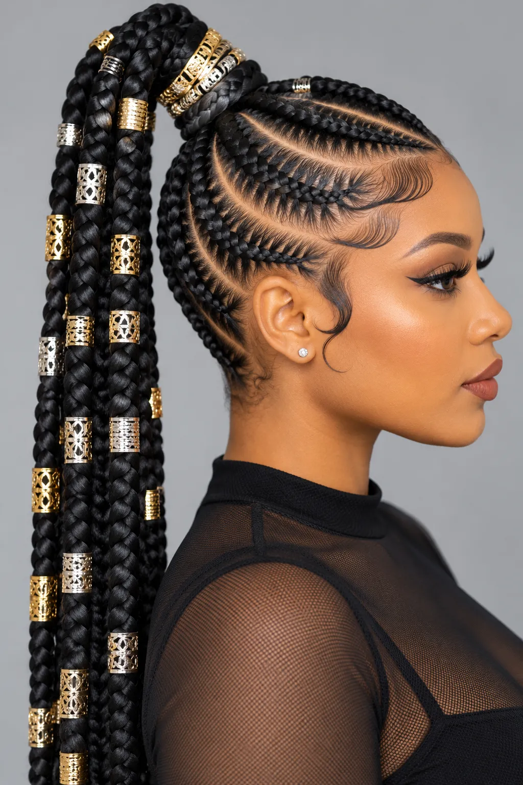 High Cornrow Ponytail with Gold and Silver Cuffs High Cornrow Ponytail with Gold and Silver Cuffs