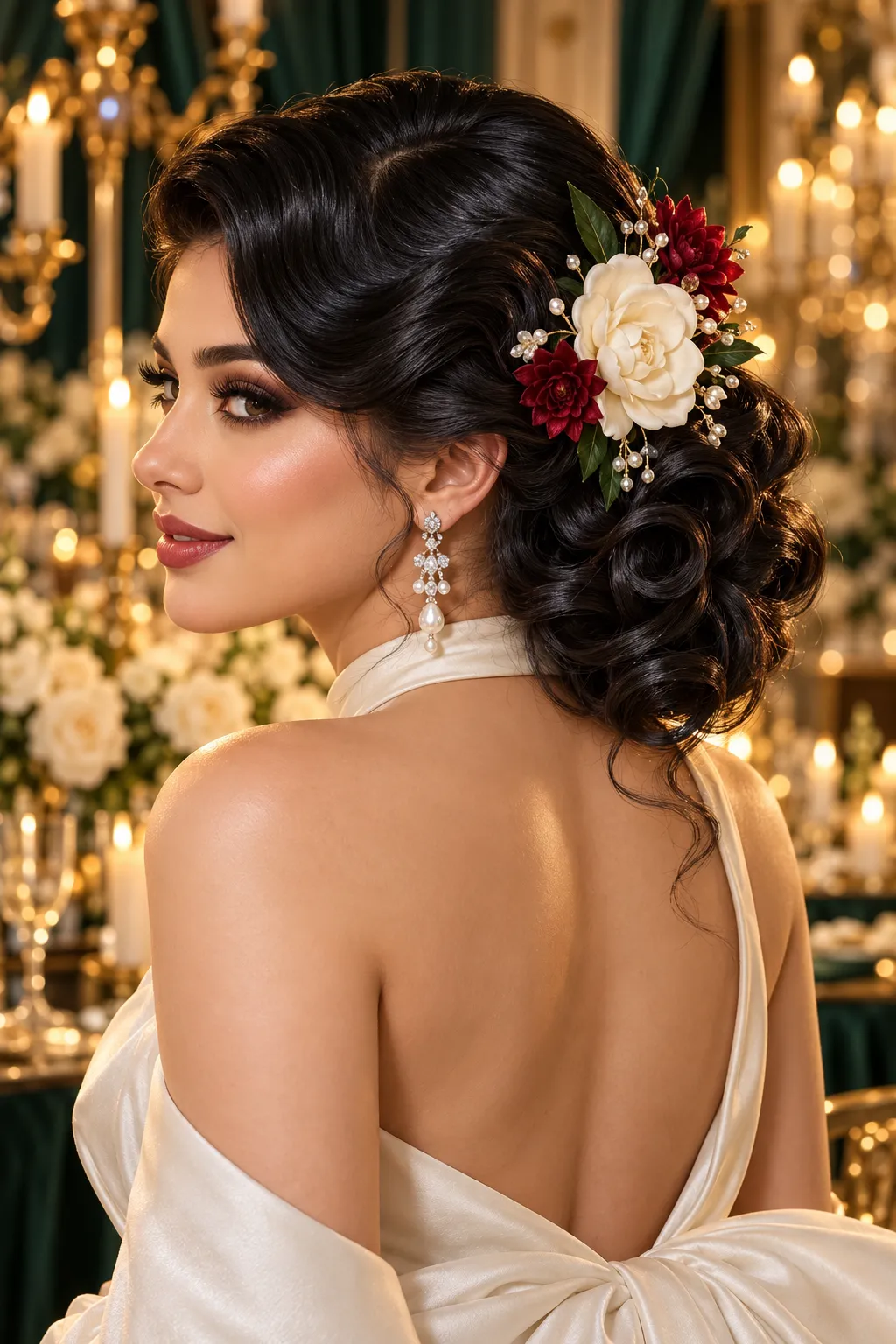 Vintage Curled Updo with Floral Hair Accent