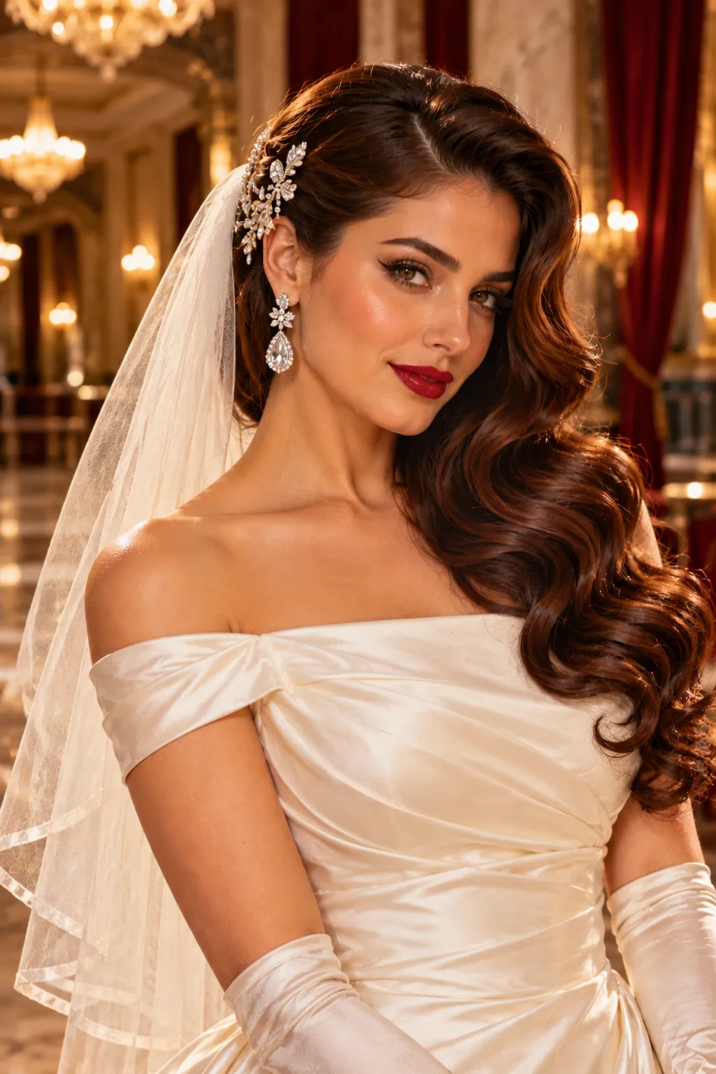 Old Hollywood Waves with Crystal Clip and Satin Edged Veil