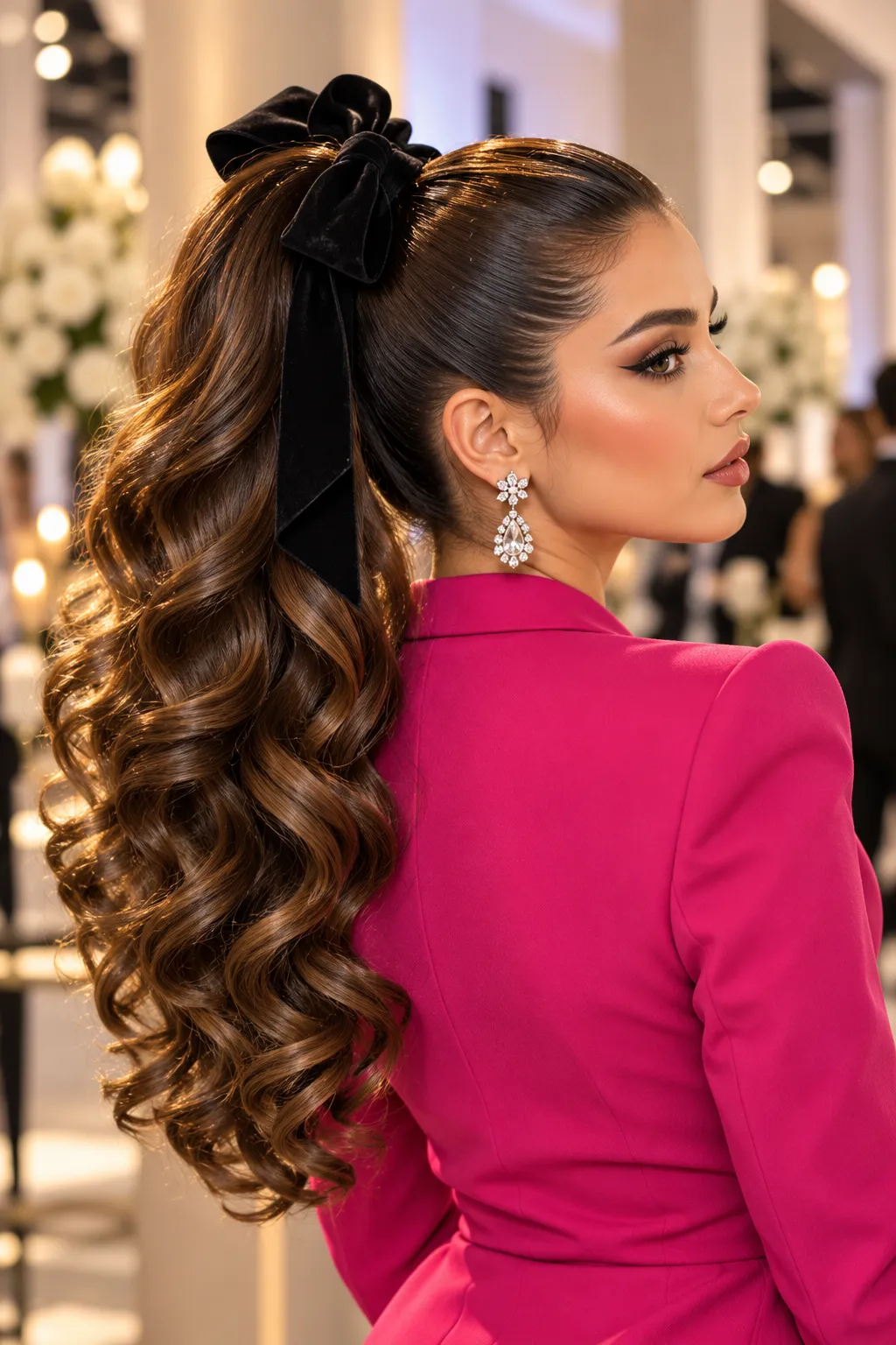 Sleek High Ponytail with Velvet Bow and Curls
