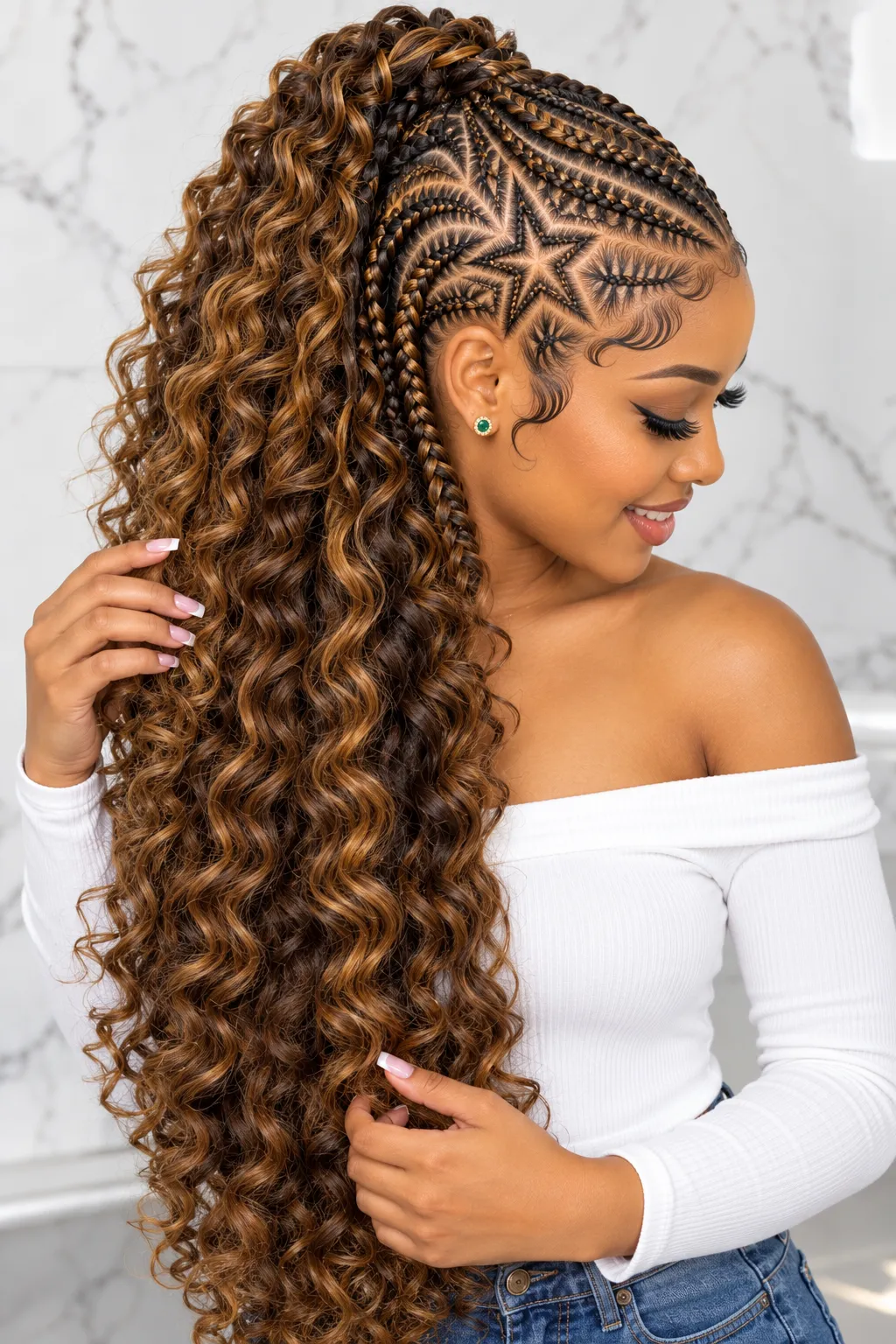Star Cornrows with Honey Brown Curly Ponytail Star Cornrows with Honey Brown Curly Ponytail