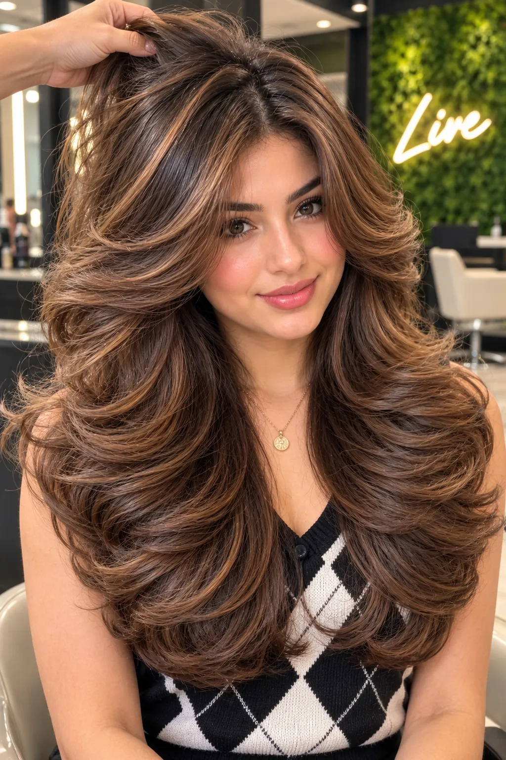 Chestnut Brown Salon Blowout with Copper Highlights Chestnut Brown Salon Blowout with Copper Highlights