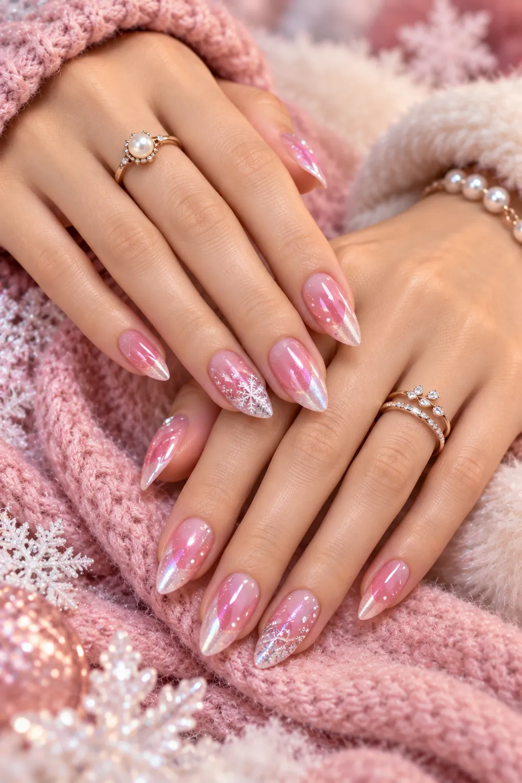 Pink Snowflake Shimmer Nails