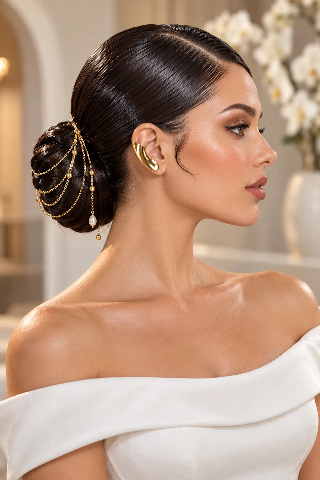 Sleek Side Part Bun with Golden Chain Detail