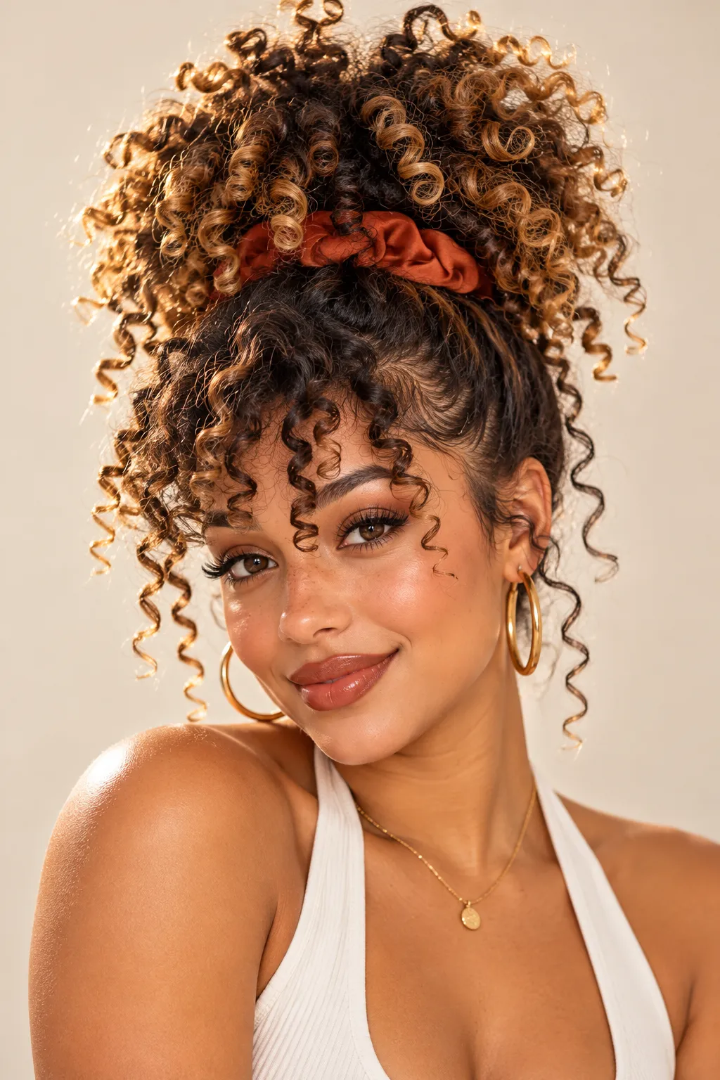 Curly Top Knot with Satin Scrunchie Curly Top Knot with Satin Scrunchie
