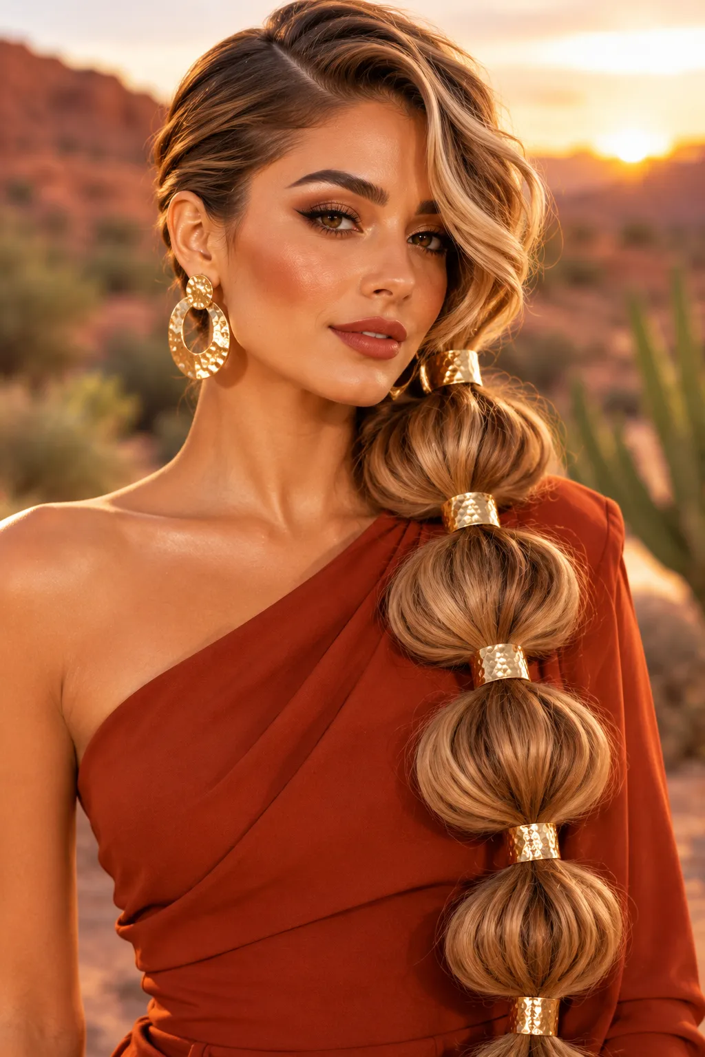 Side Bubble Ponytail with Gold Cuffs