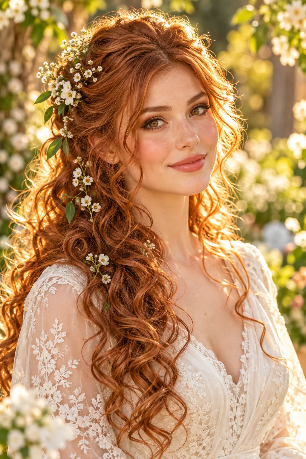 Copper Red Curly Half Up with Wildflower Accents Copper Red Curly Half Up with Wildflower Accents