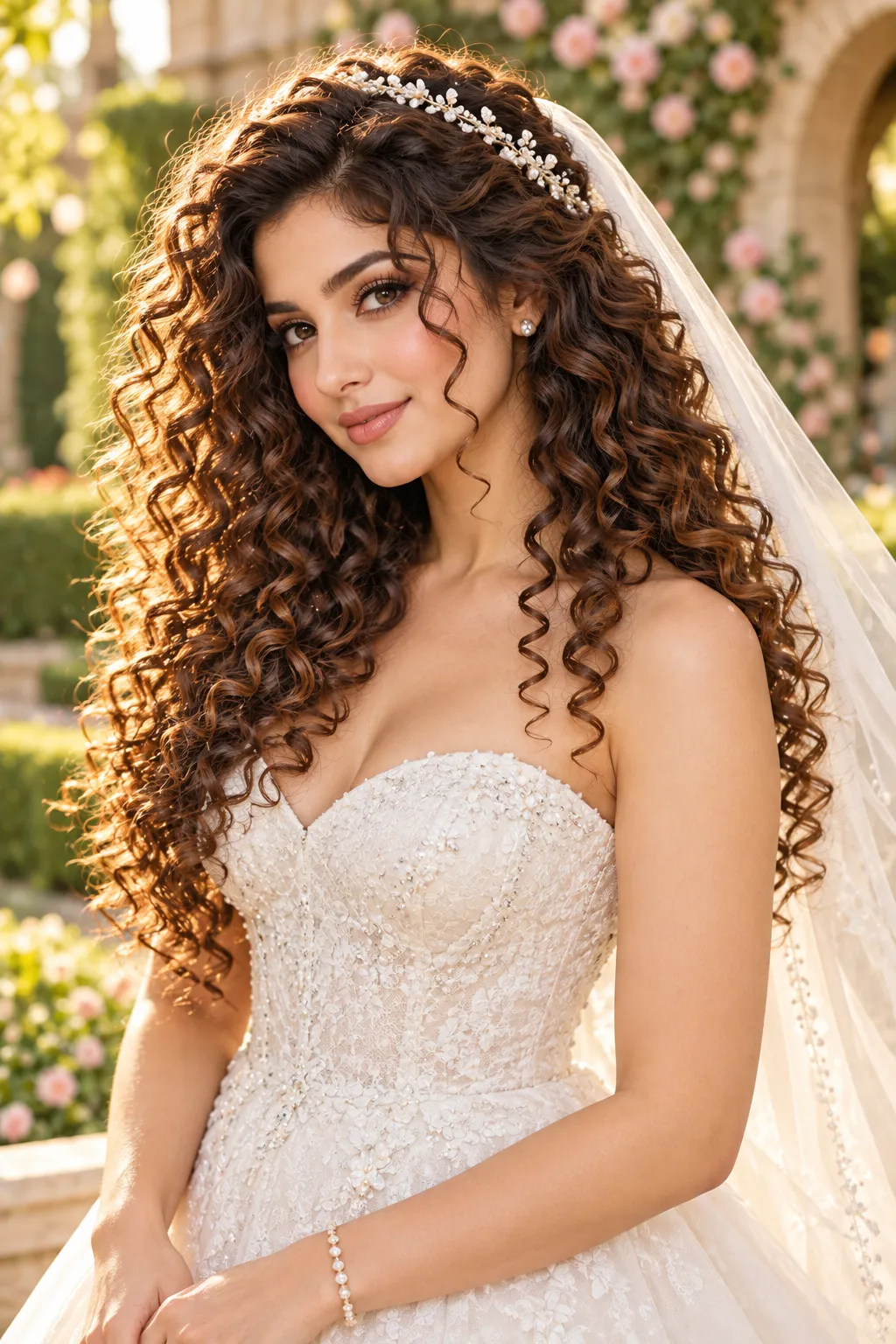 Natural Curls with Pearl Headband and Veil
