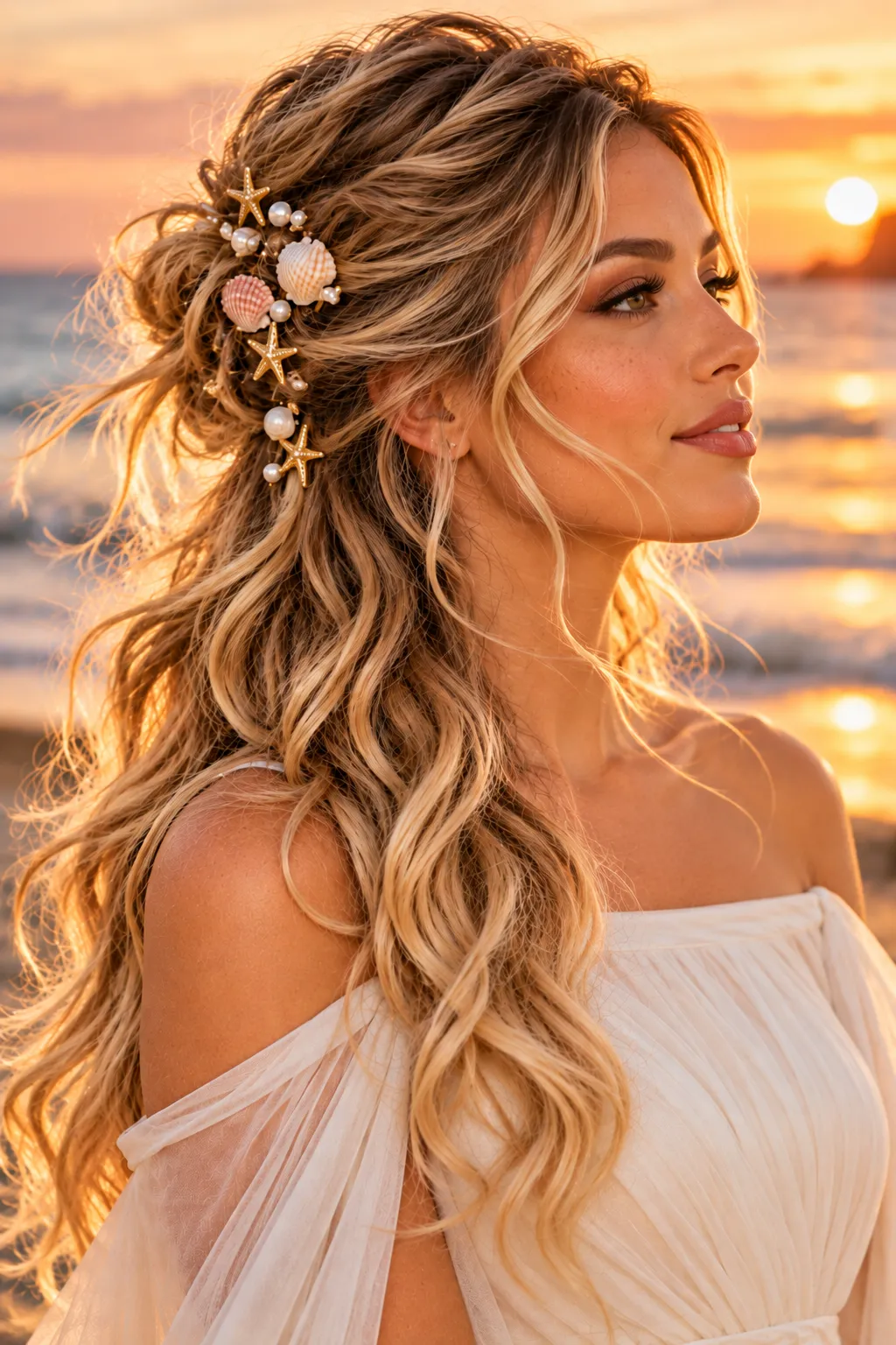 Beach Waves Half Up with Seashell and Pearl Hair Clips Beach Waves Half Up with Seashell and Pearl Hair Clips