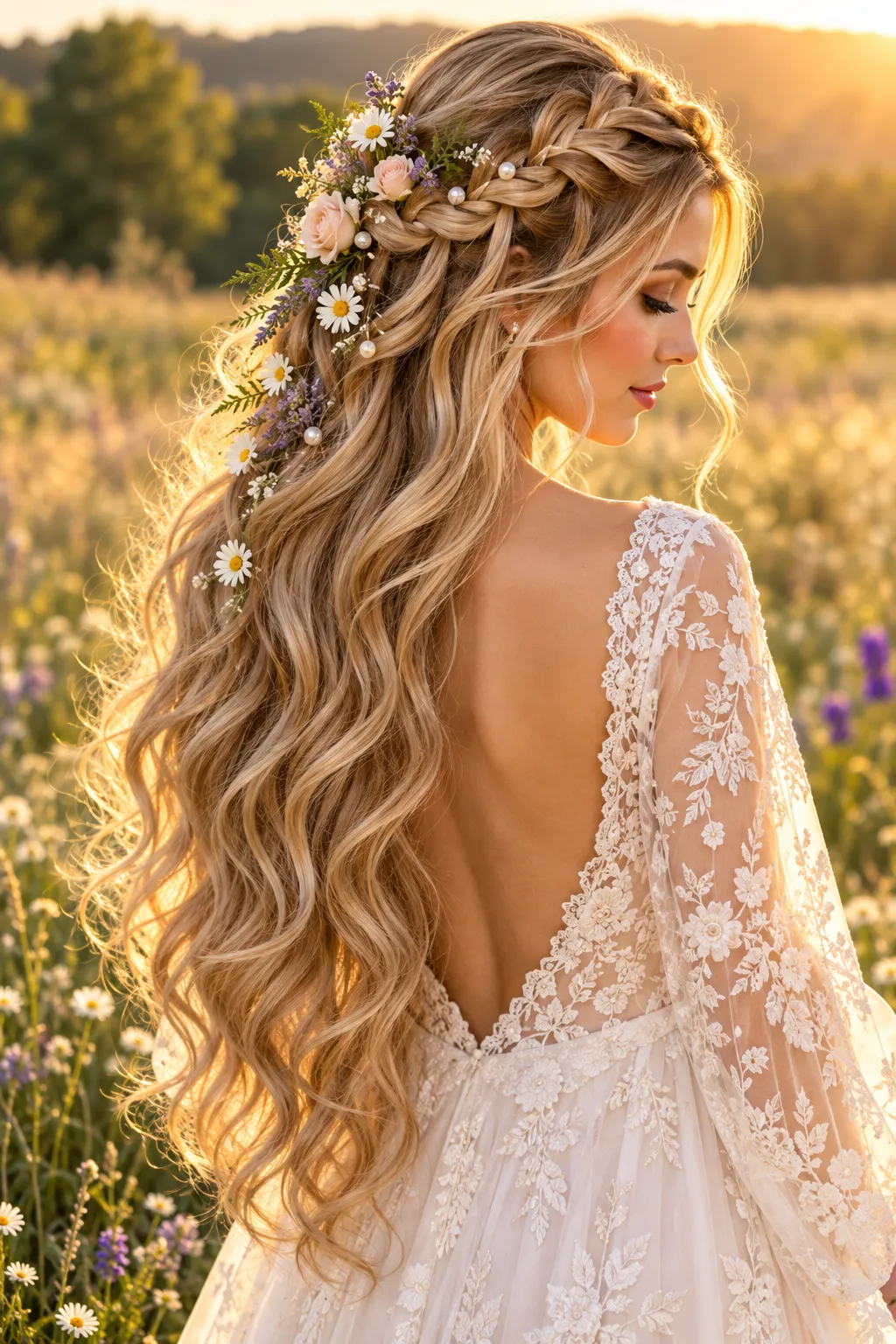 Wildflower Crown Braid with Loose Waves