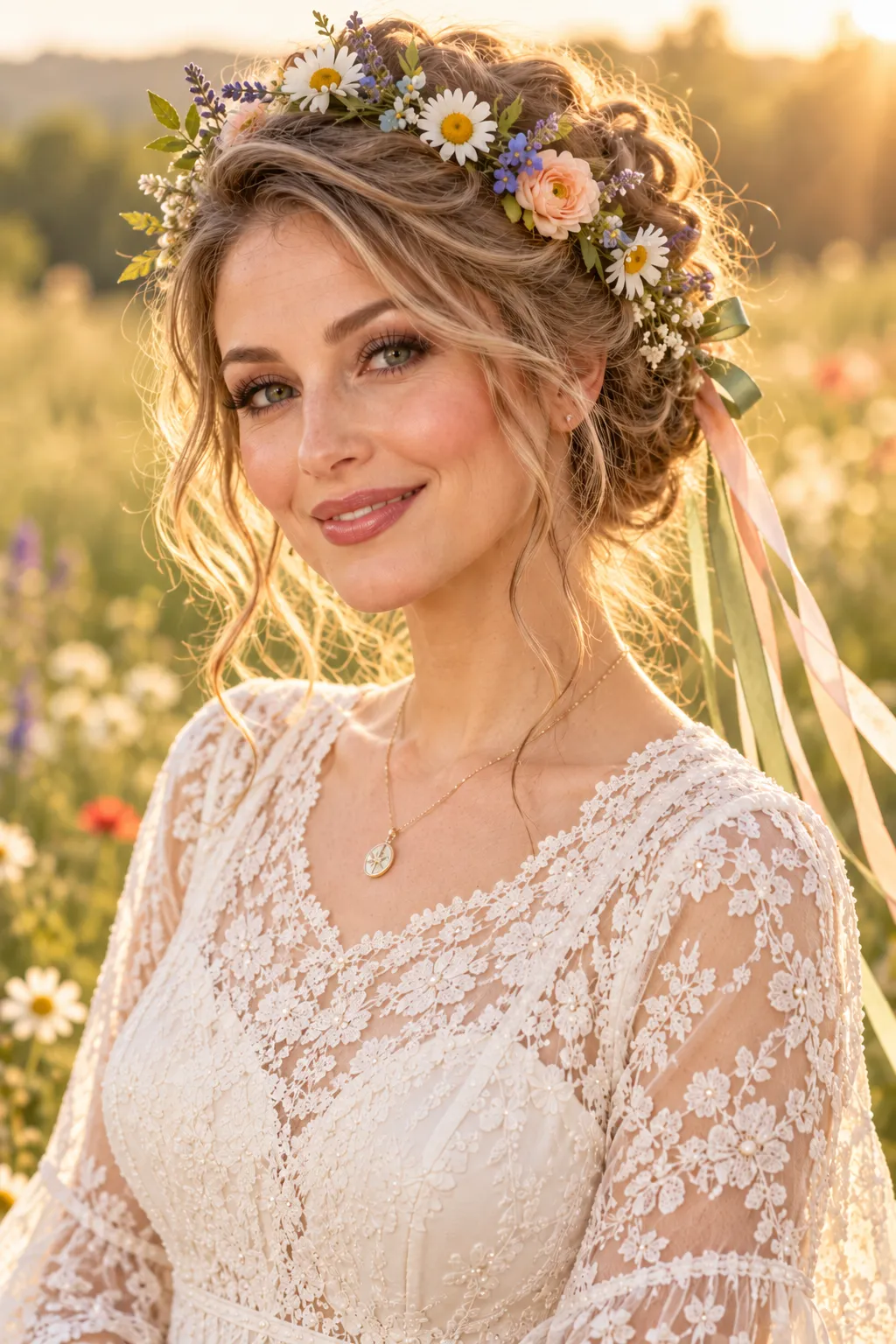 Boho Messy Updo with Wildflower Crown