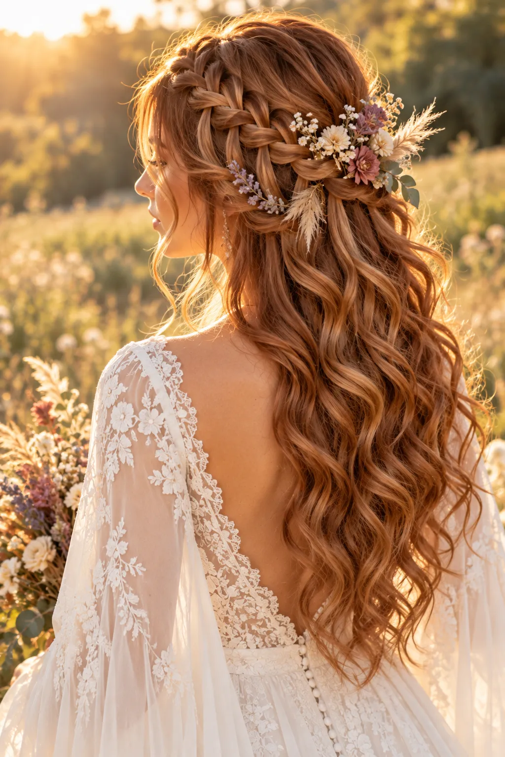 Boho Waterfall Braid Half Up with Dried Florals and Copper Waves Boho Waterfall Braid Half Up with Dried Florals and Copper Waves