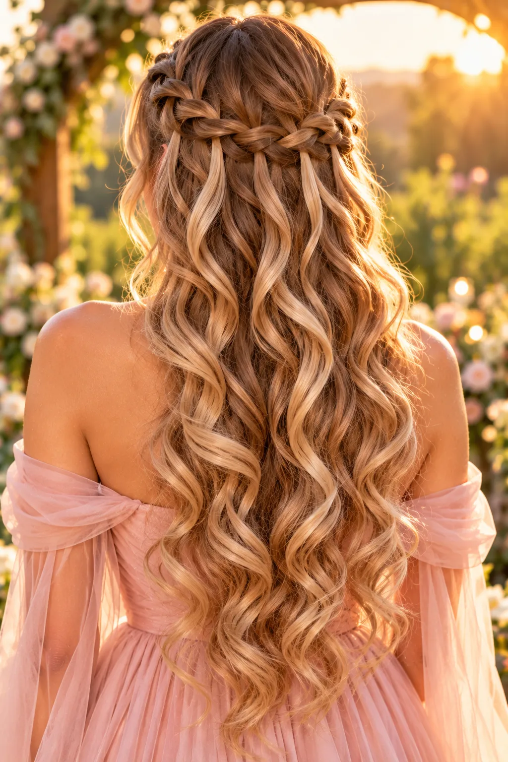 Waterfall Braid with Long Golden Curls