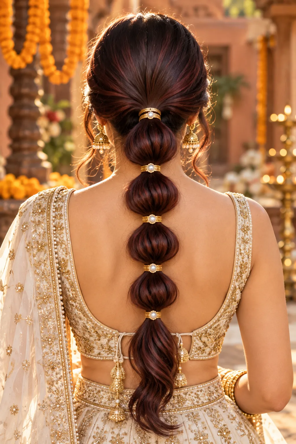  Bubble Ponytail with Pearl Gold Cuffs