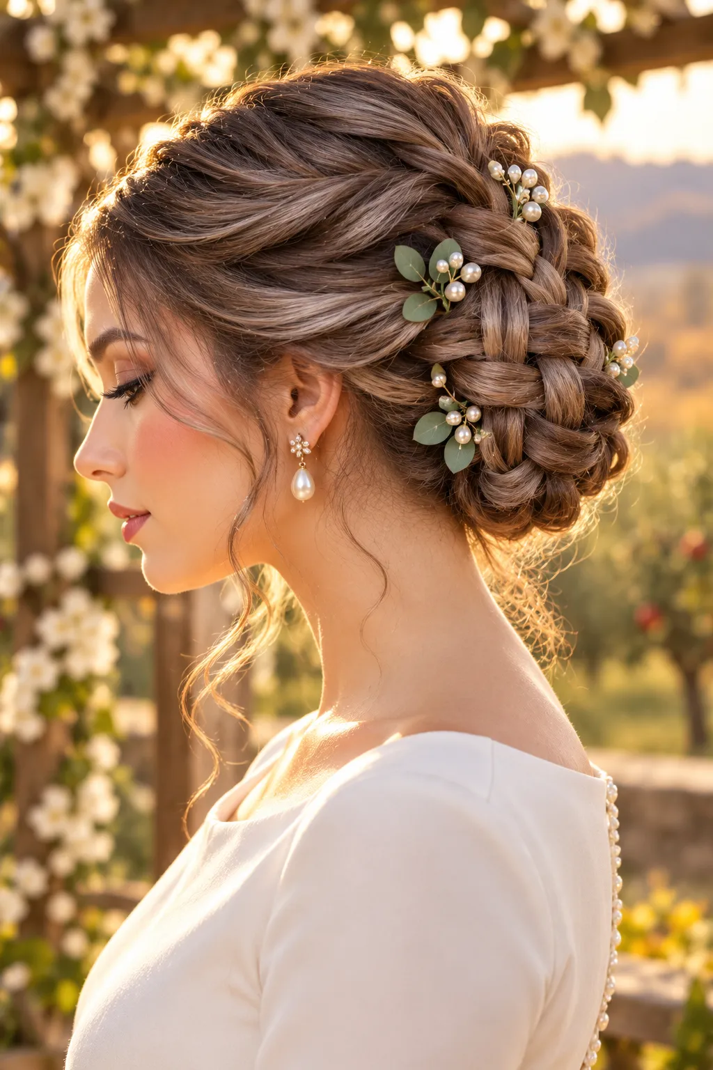 Woven Braided Updo with Pearl and Leaf Pins