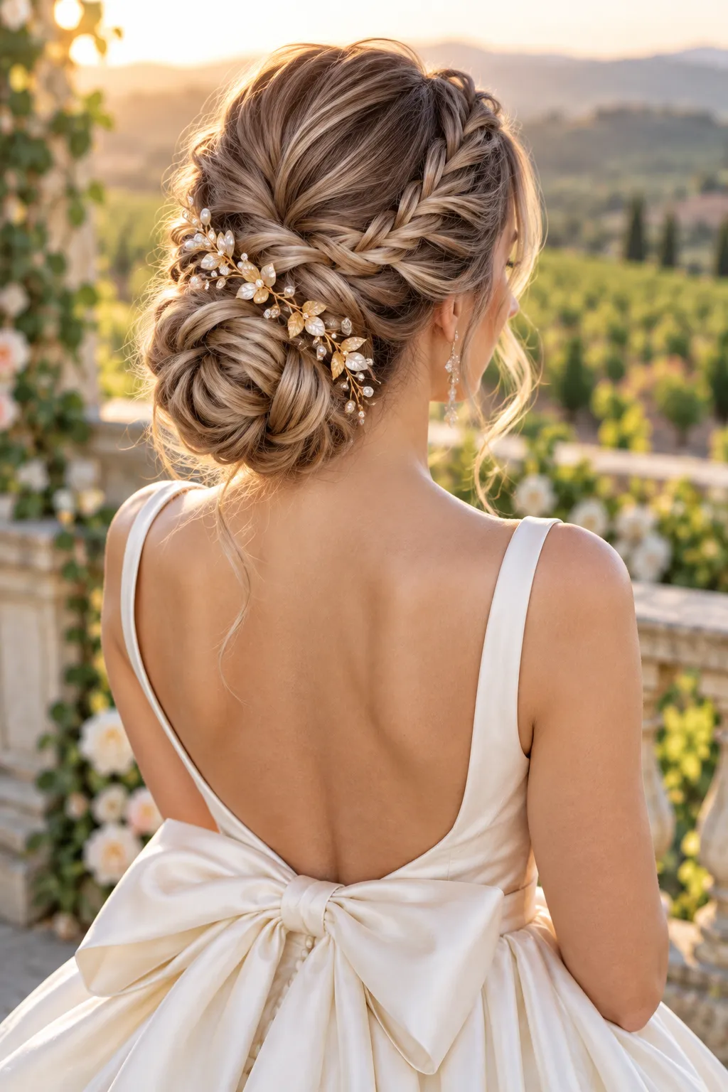 Braided Low Bun with Gold Leaf Hair Vine