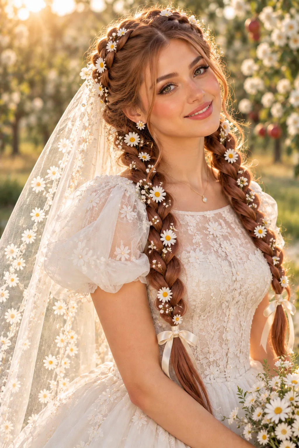 Daisy Pigtail Braids with Embroidered Daisy Veil