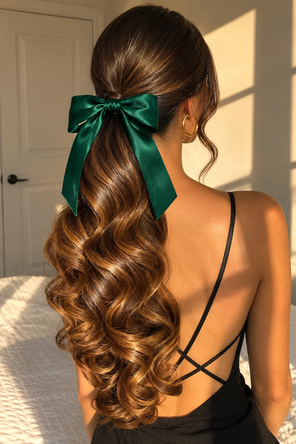 Sleek Low Ponytail with Emerald Satin Bow
