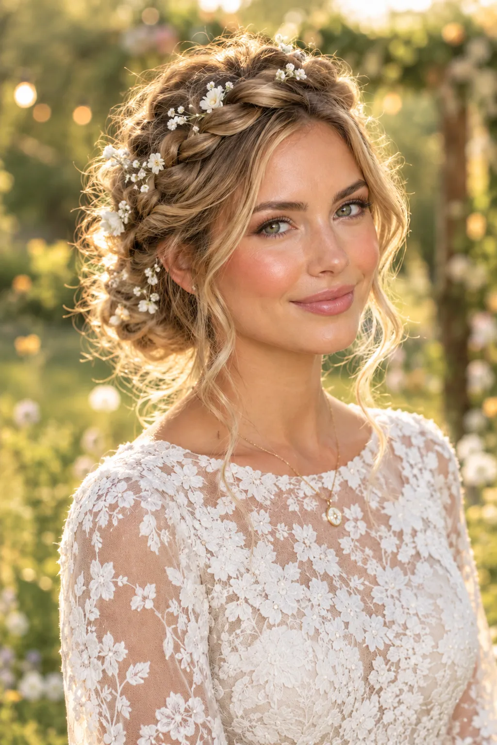 Braided Crown Updo with Baby’s Breath
