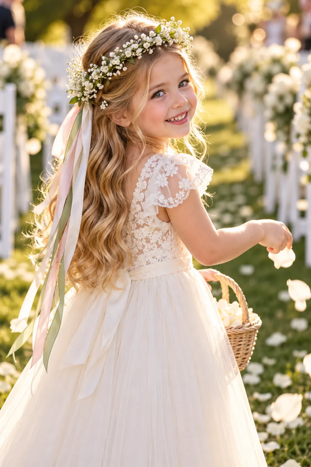 Loose Waves with Baby’s Breath Crown