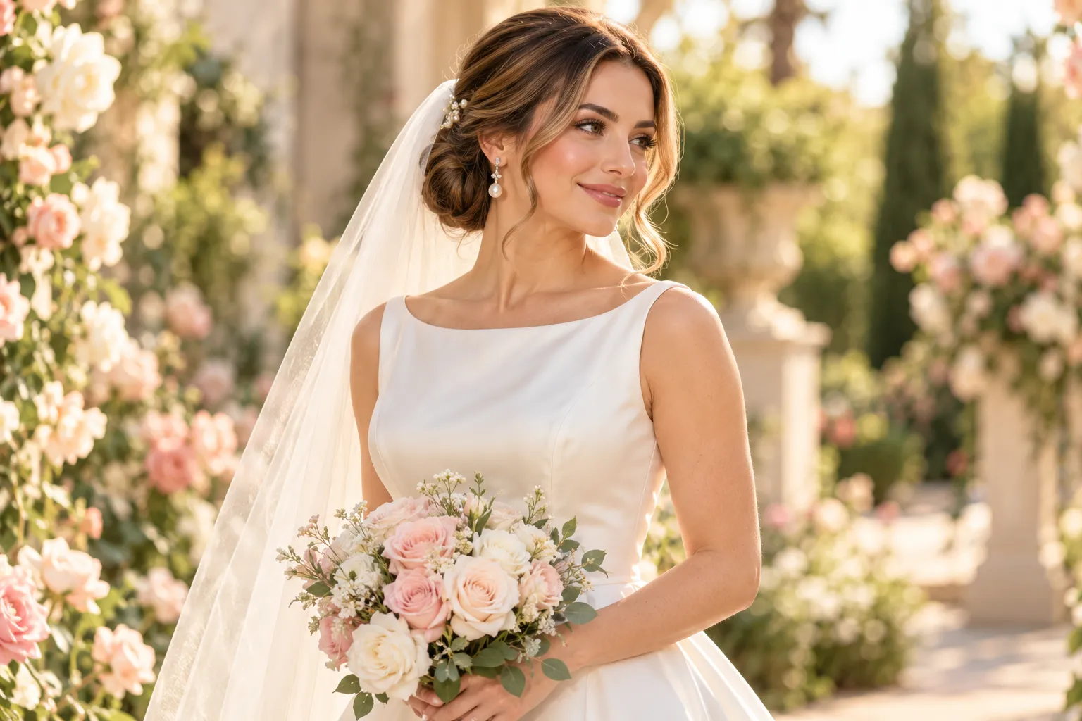 Bride with a low chignon and tulle veil in a garden
