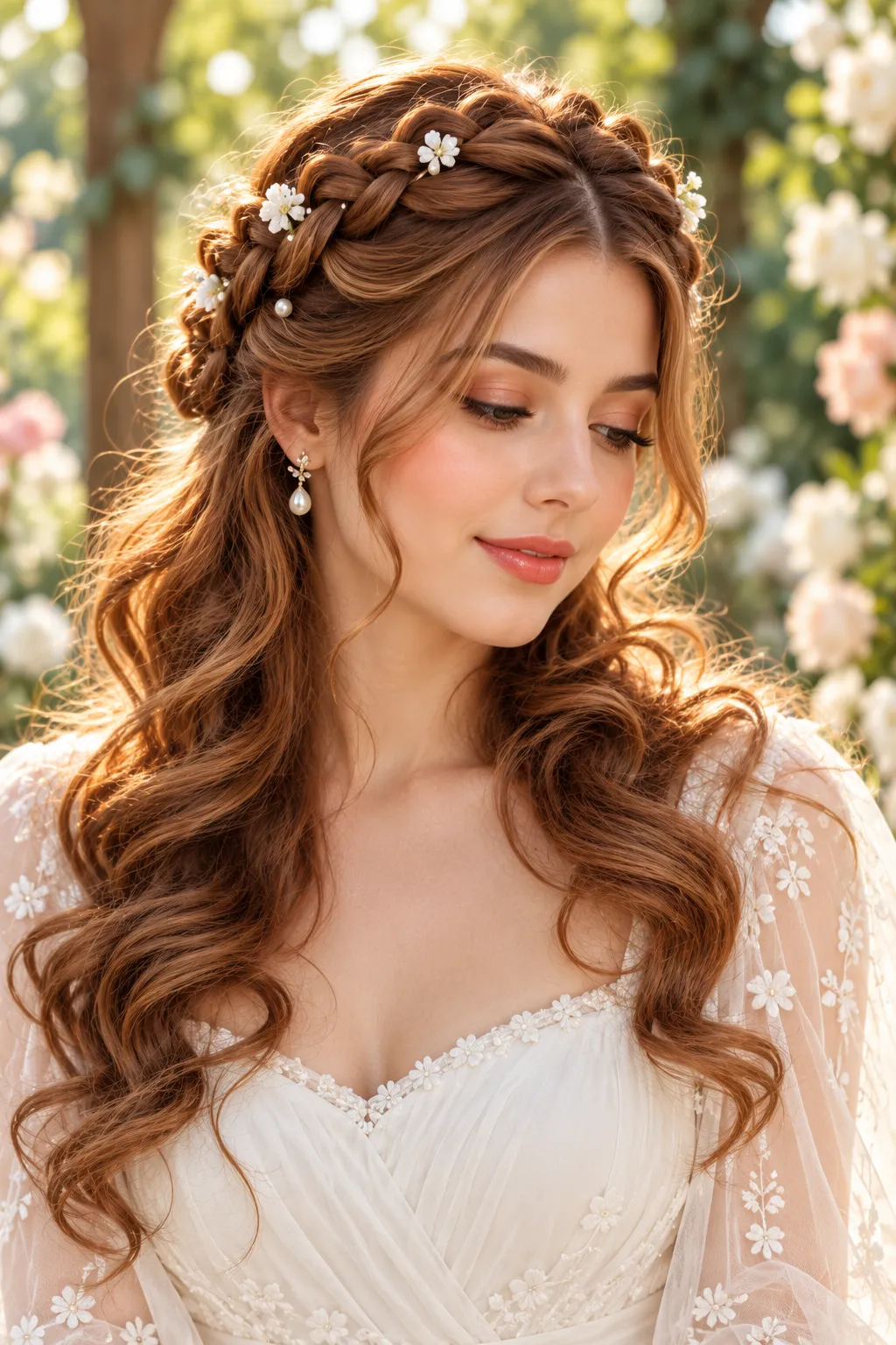 Braided Crown with Loose Auburn Curls