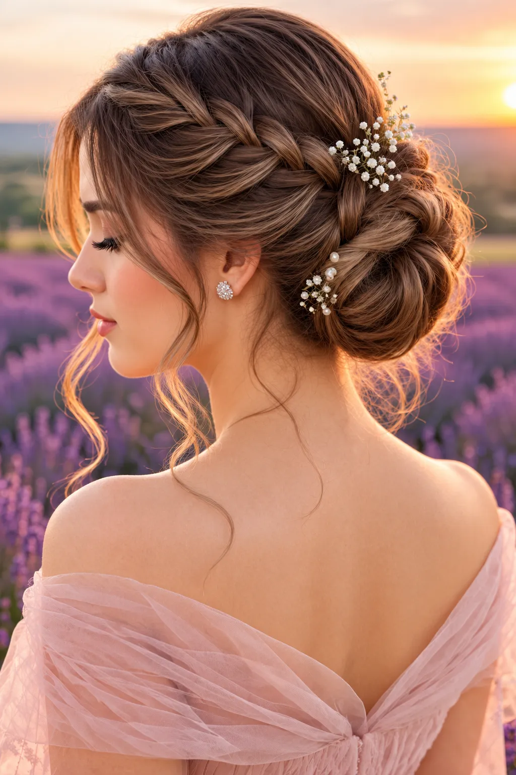 Side Braided Bun with Baby’s Breath