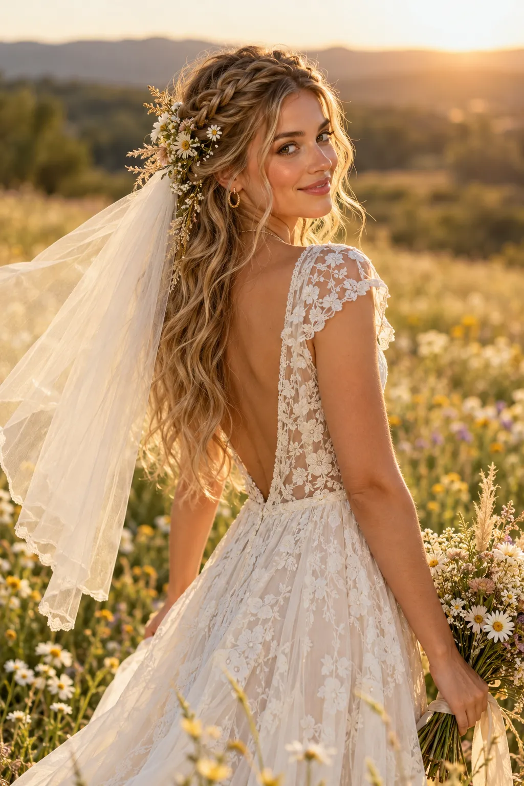 Wildflower Braid with Windswept Lace Veil