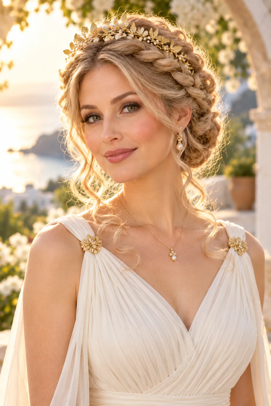Grecian Braided Updo with Gold Leaf Crown