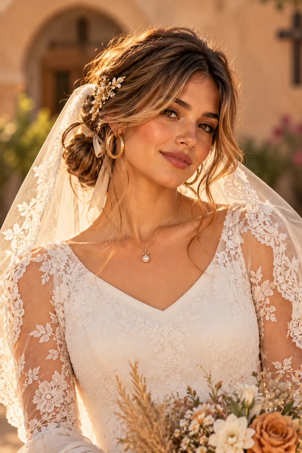 Messy Low Bun with Wispy Bangs and Lace Mantilla Veil