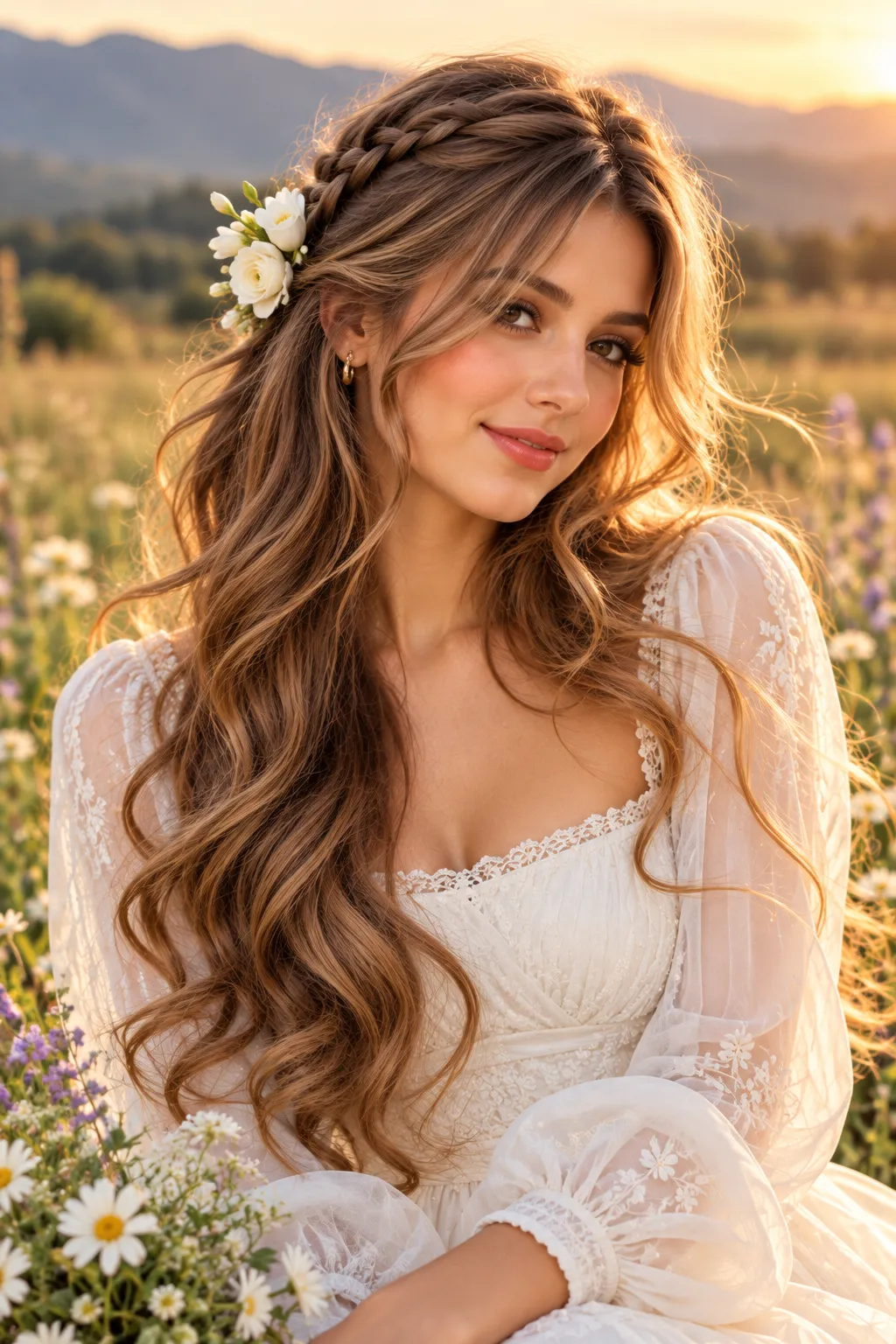  Boho Waves with Side Braid and Fresh Roses