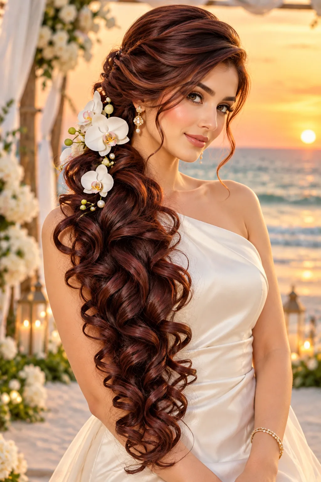 Auburn Side Curls with White Orchids