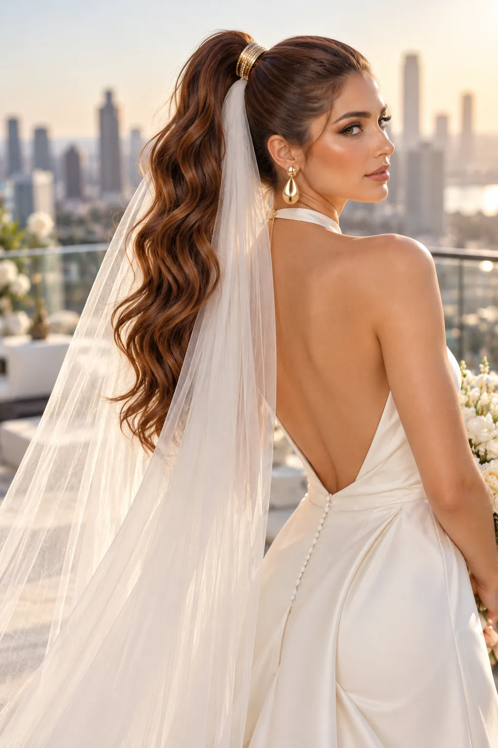 High Wavy Ponytail with Gold Cuff and Flowing Veil