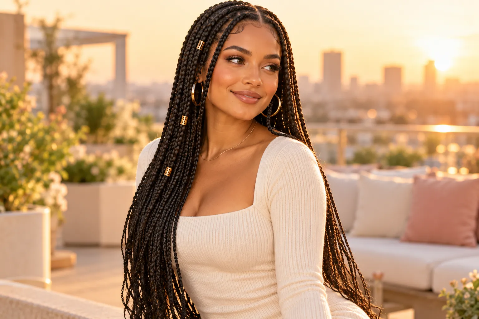 Woman with long knotless box braids and gold cuffs