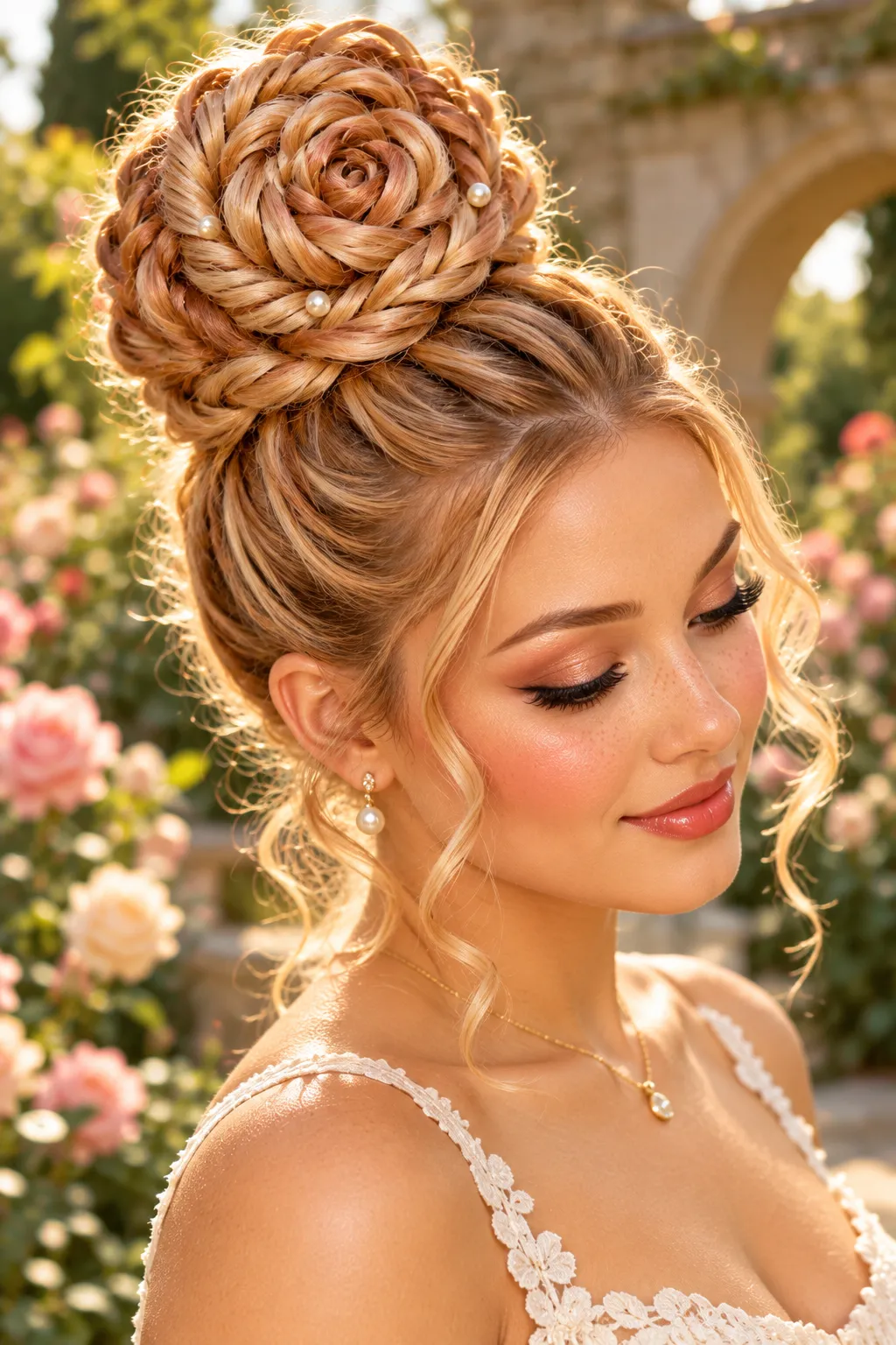 Rose Braided Top Knot with Pearl Pins Rose Braided Top Knot with Pearl Pins
