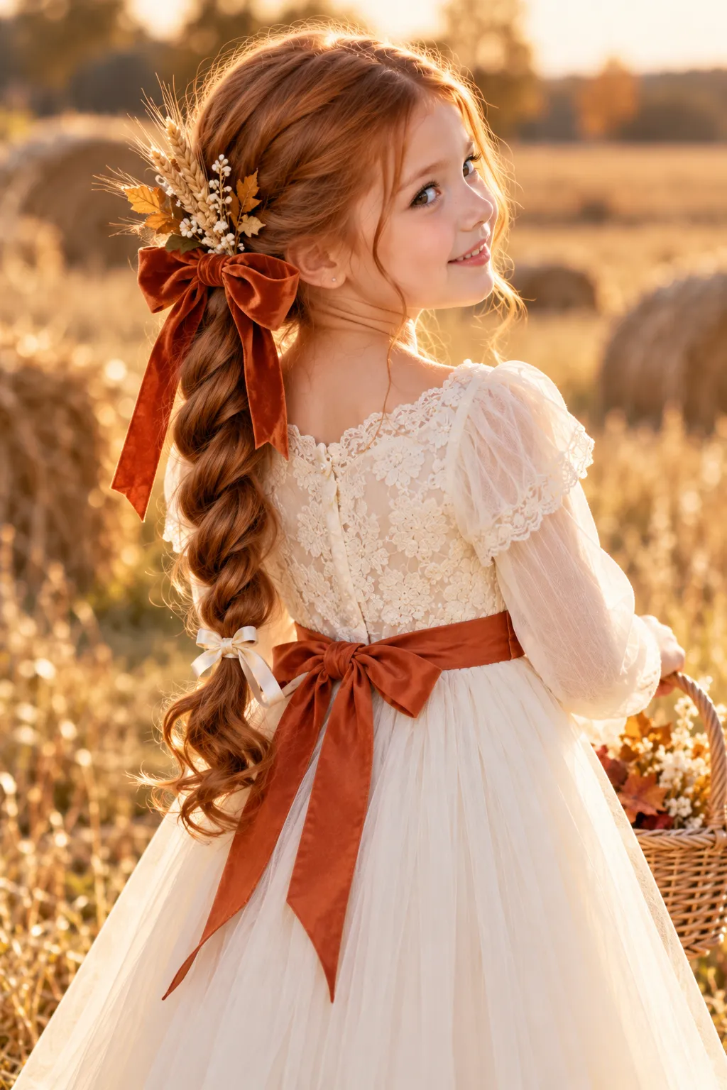 Side Braid with Velvet Bow and Wheat Accents