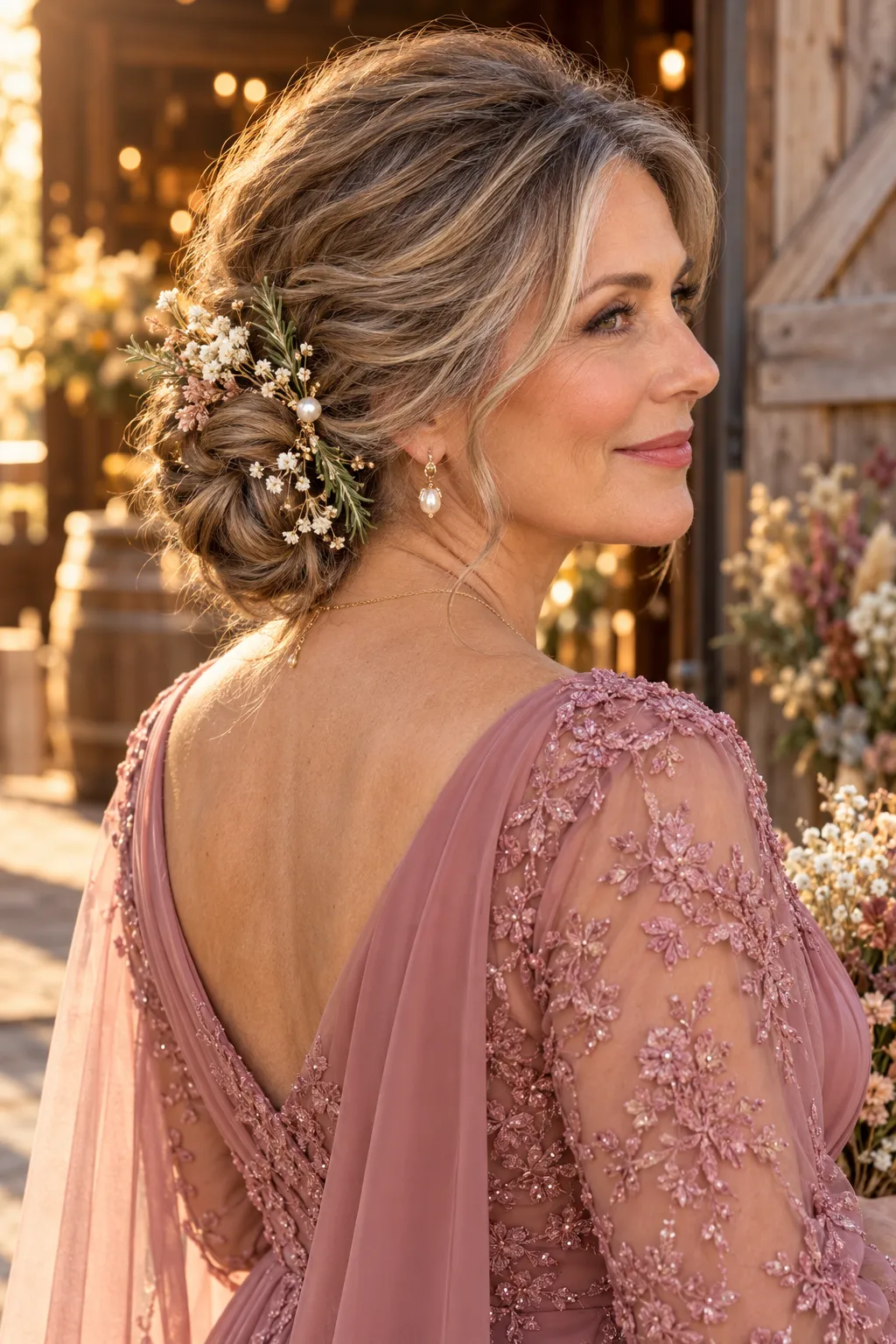 Rustic Low Bun with Baby's Breath and Rosemary