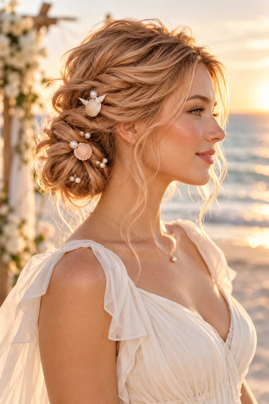  Beachy Textured Updo with Seashell Pins