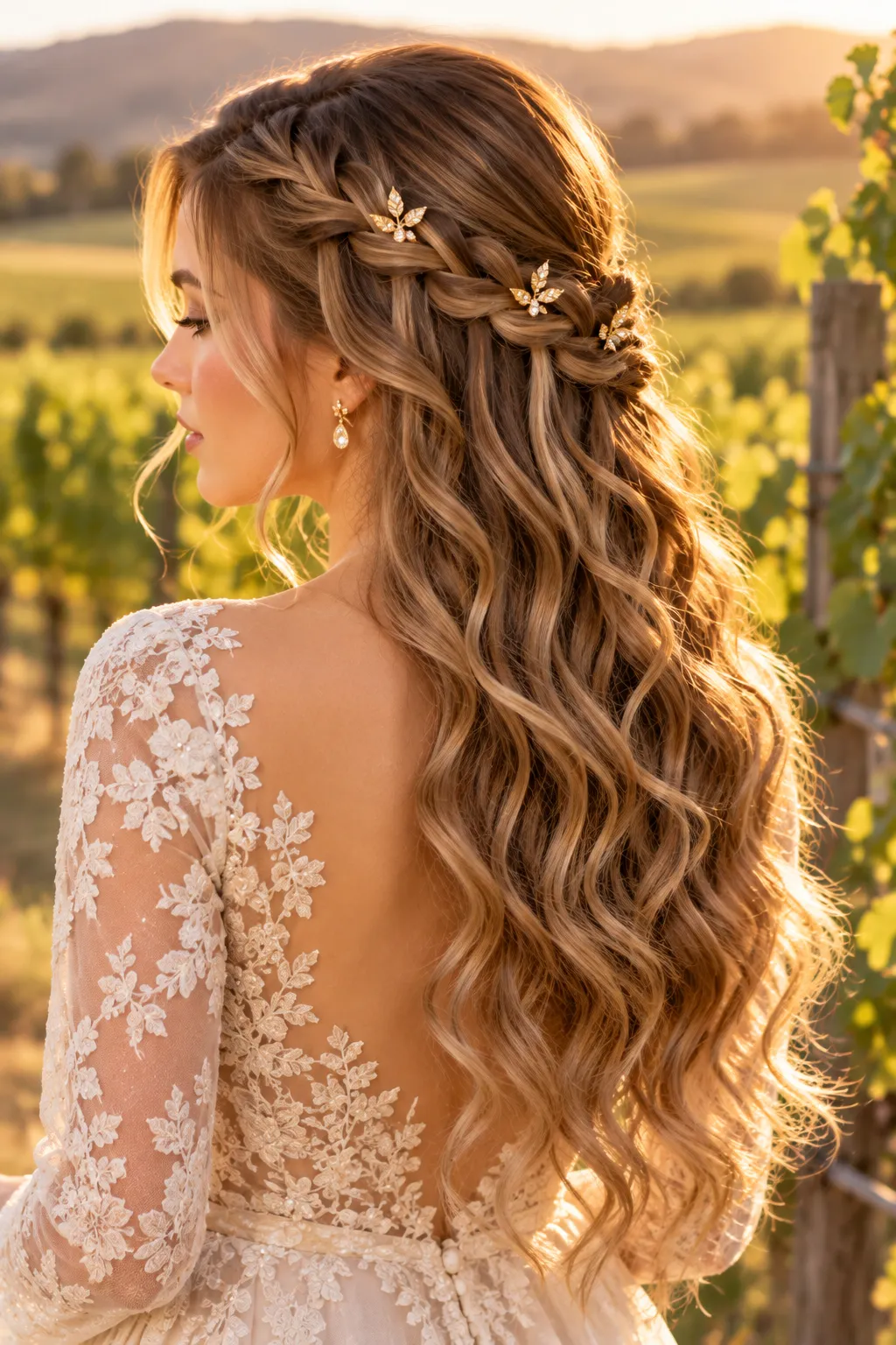 Waterfall Braid with Golden Leaf Pins